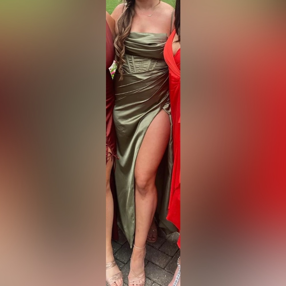 Sage/olive green corset slit satin dress